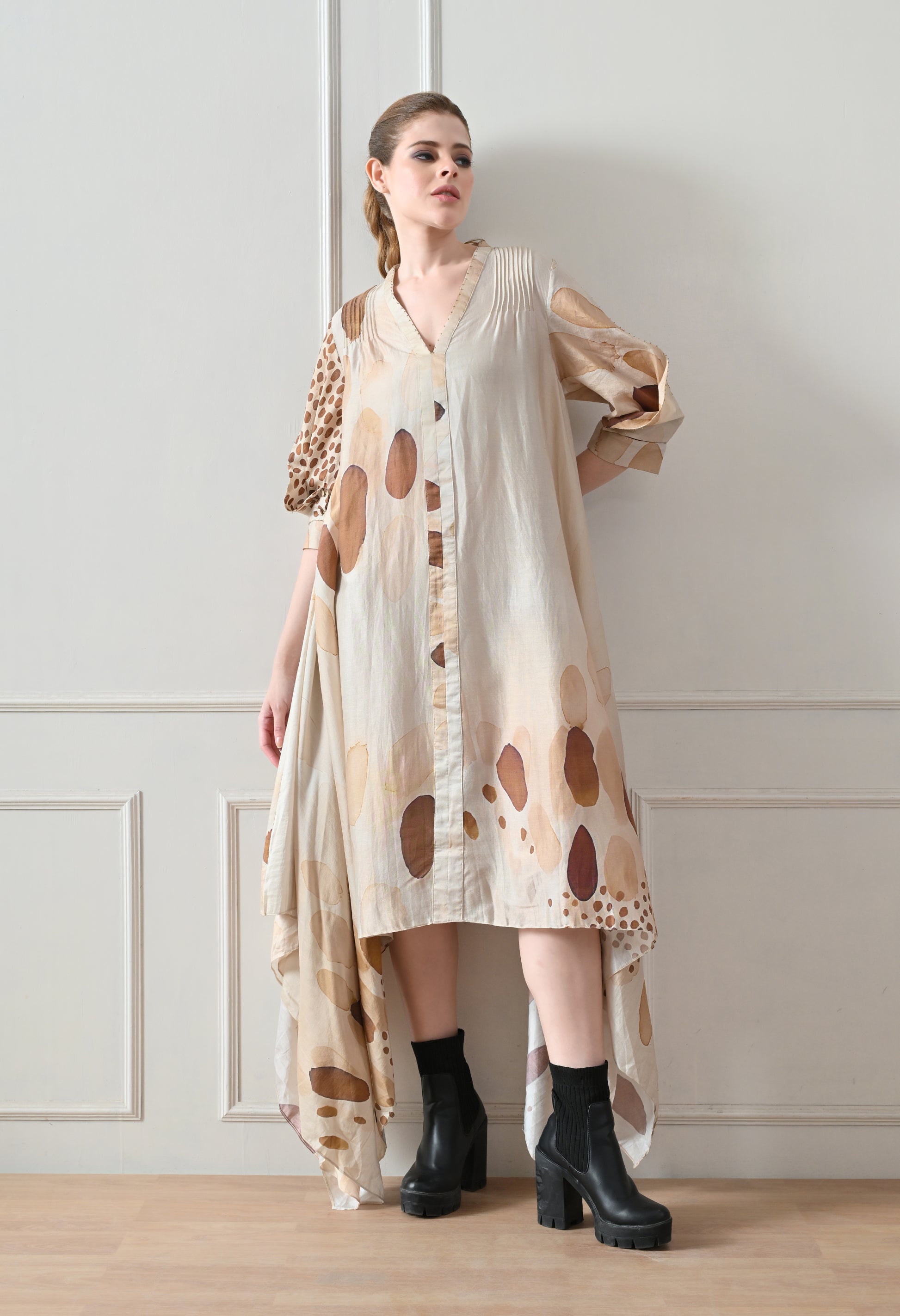 Beige Abstract print  Asymmetric high low Dress - samant chauhan design 
