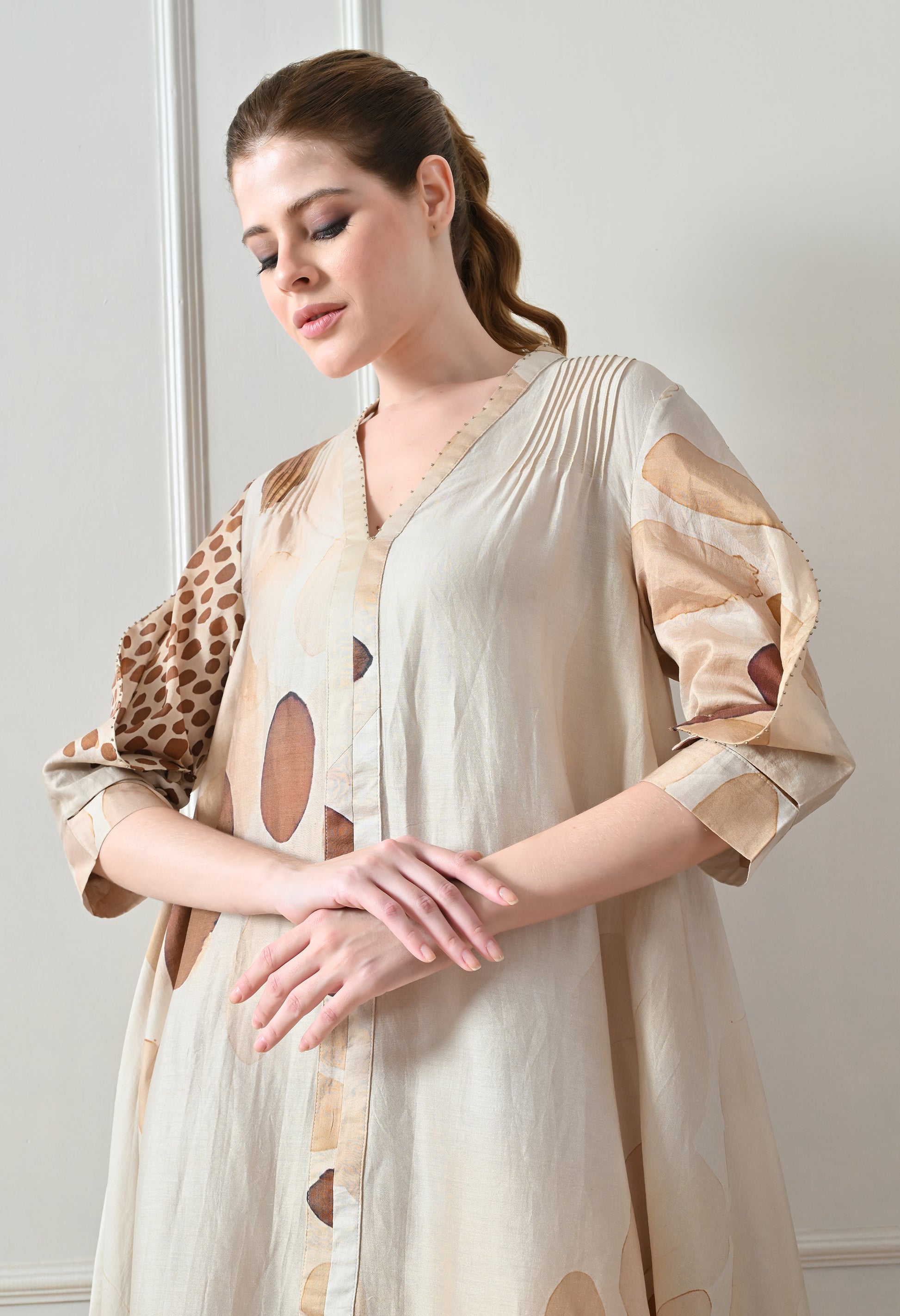 Beige Abstract print  Asymmetric high low Dress - samant chauhan design 