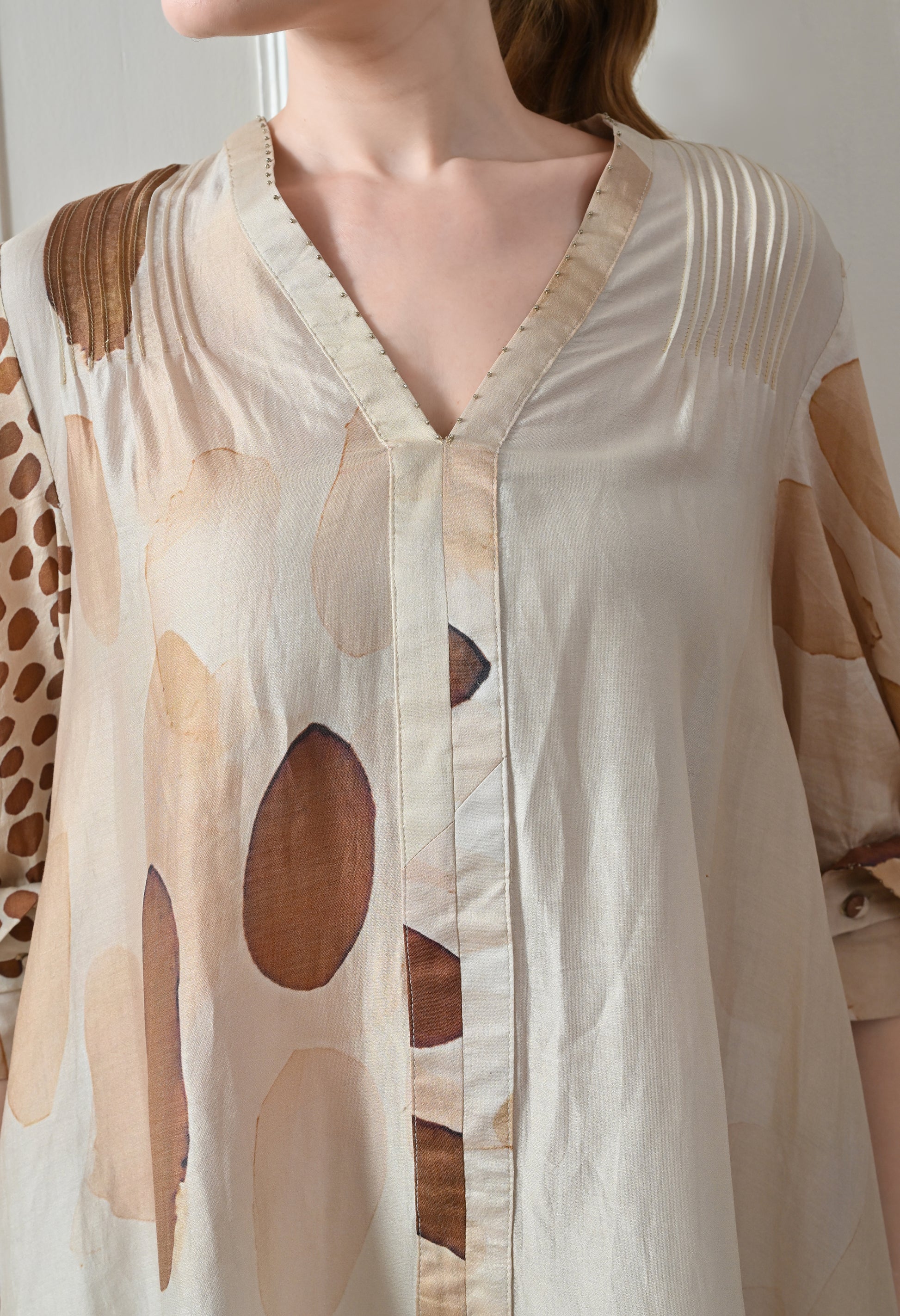 Beige Abstract print  Asymmetric high low Dress - samant chauhan design 