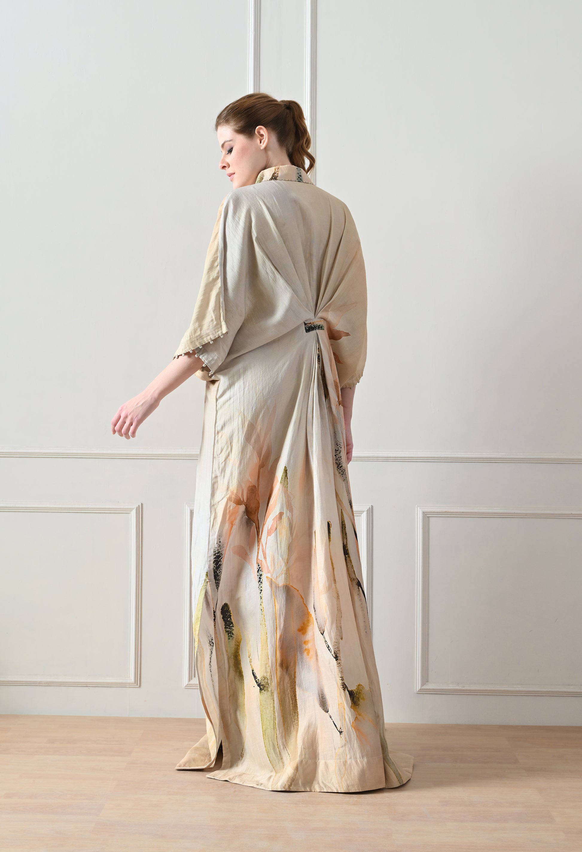 Beige Abstract Print Draped Dress - samant chauhan design 