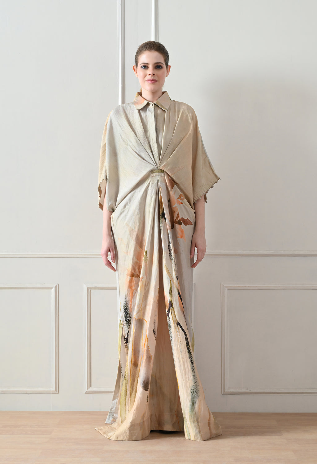 Beige Abstract Print Draped Dress - samant chauhan design 