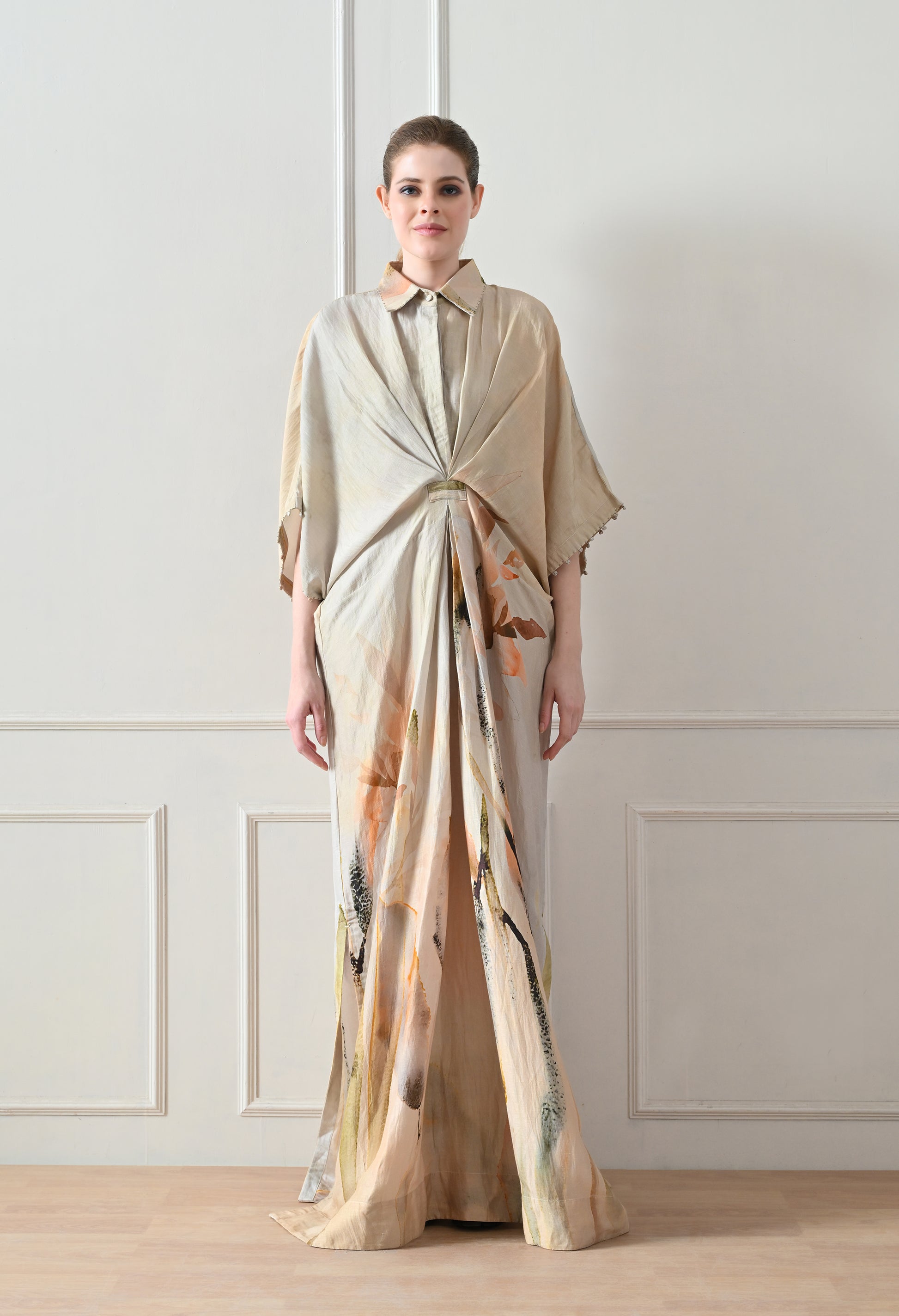 Beige Abstract Print Draped Dress - samant chauhan design 
