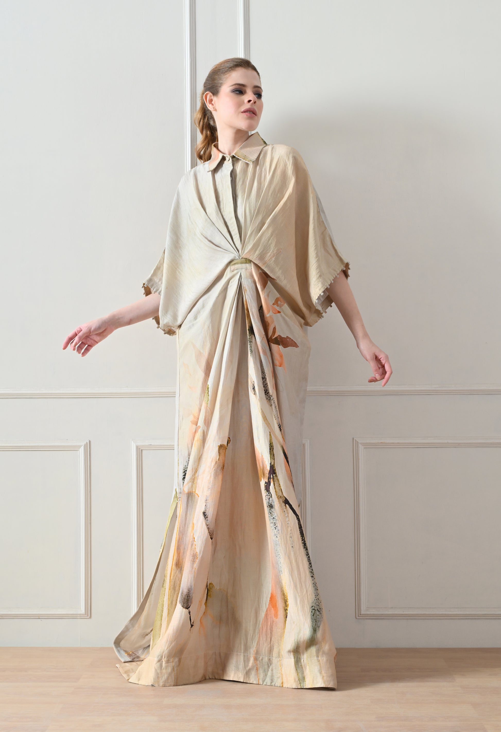 Beige Abstract Print Draped Dress - samant chauhan design 