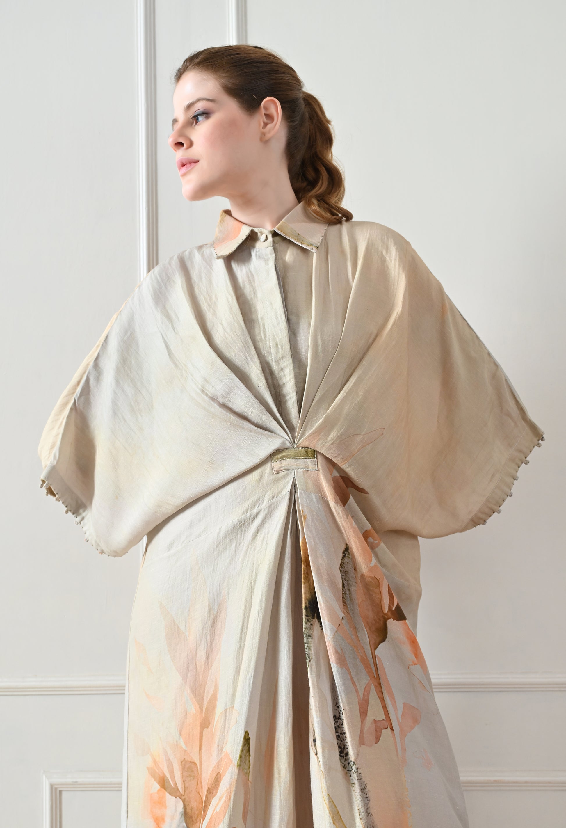 Beige Abstract Print Draped Dress - samant chauhan design 
