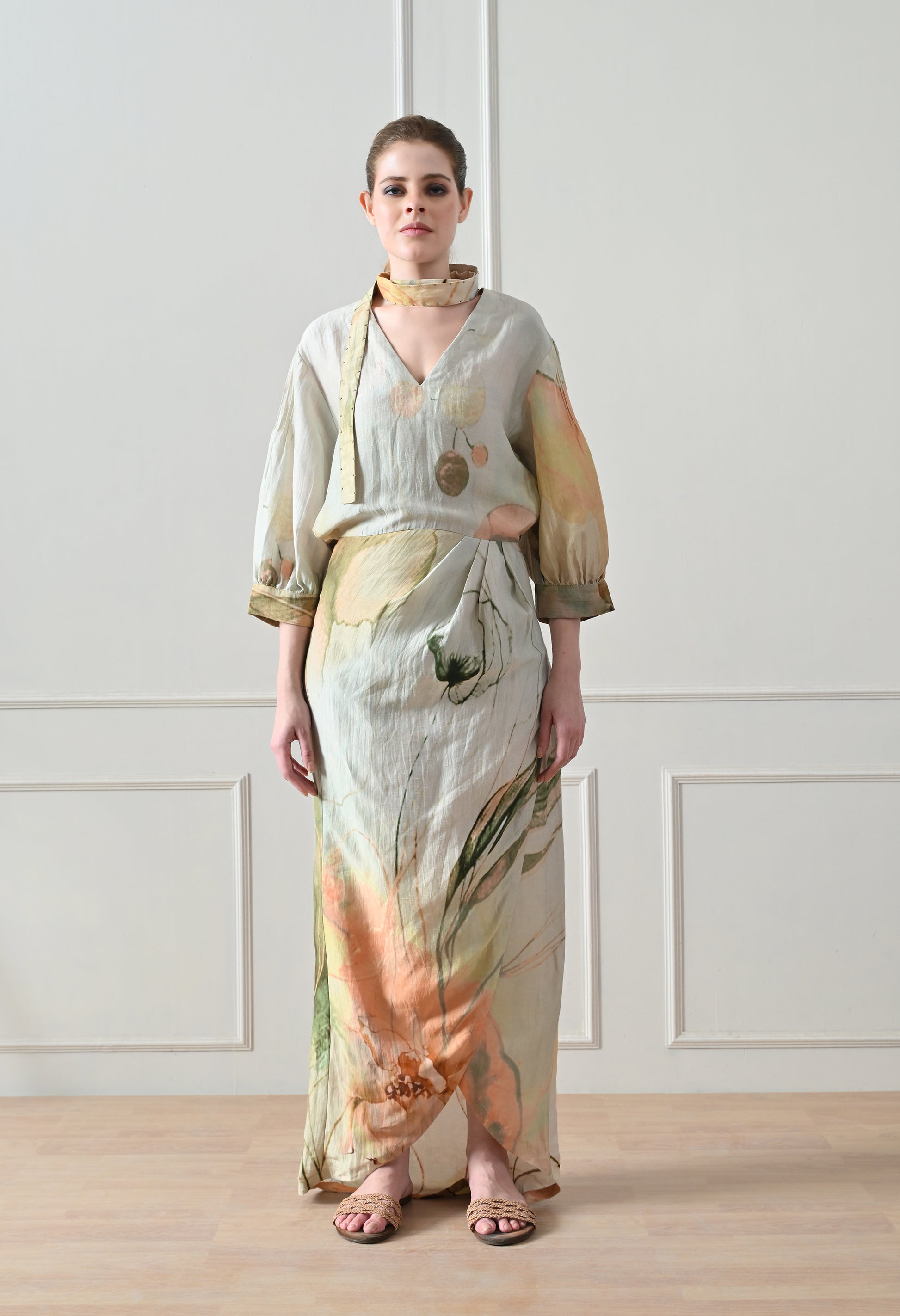 Beige Floral overlay long Dress - samant chauhan design 