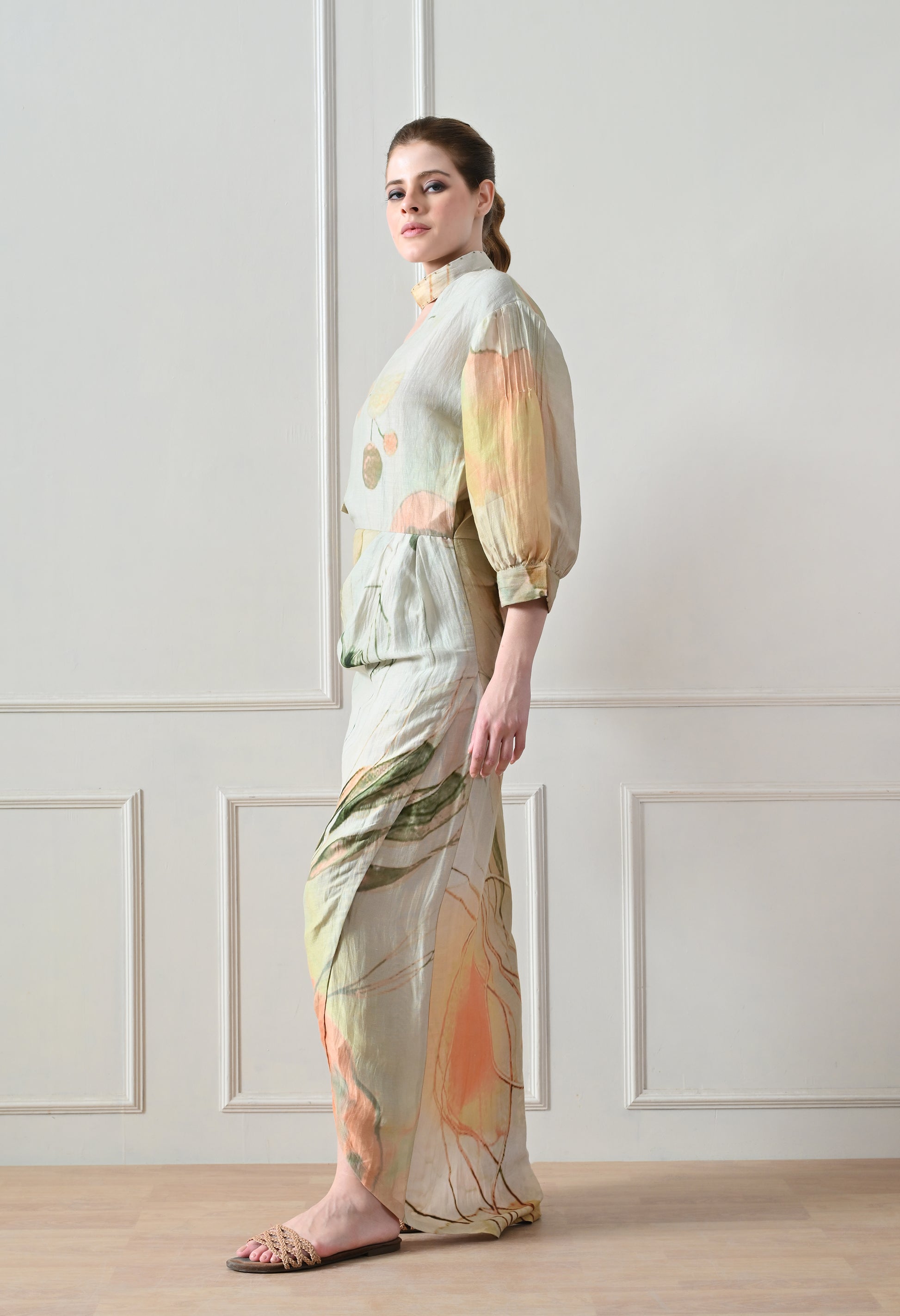 Beige Floral overlay long Dress - samant chauhan design 