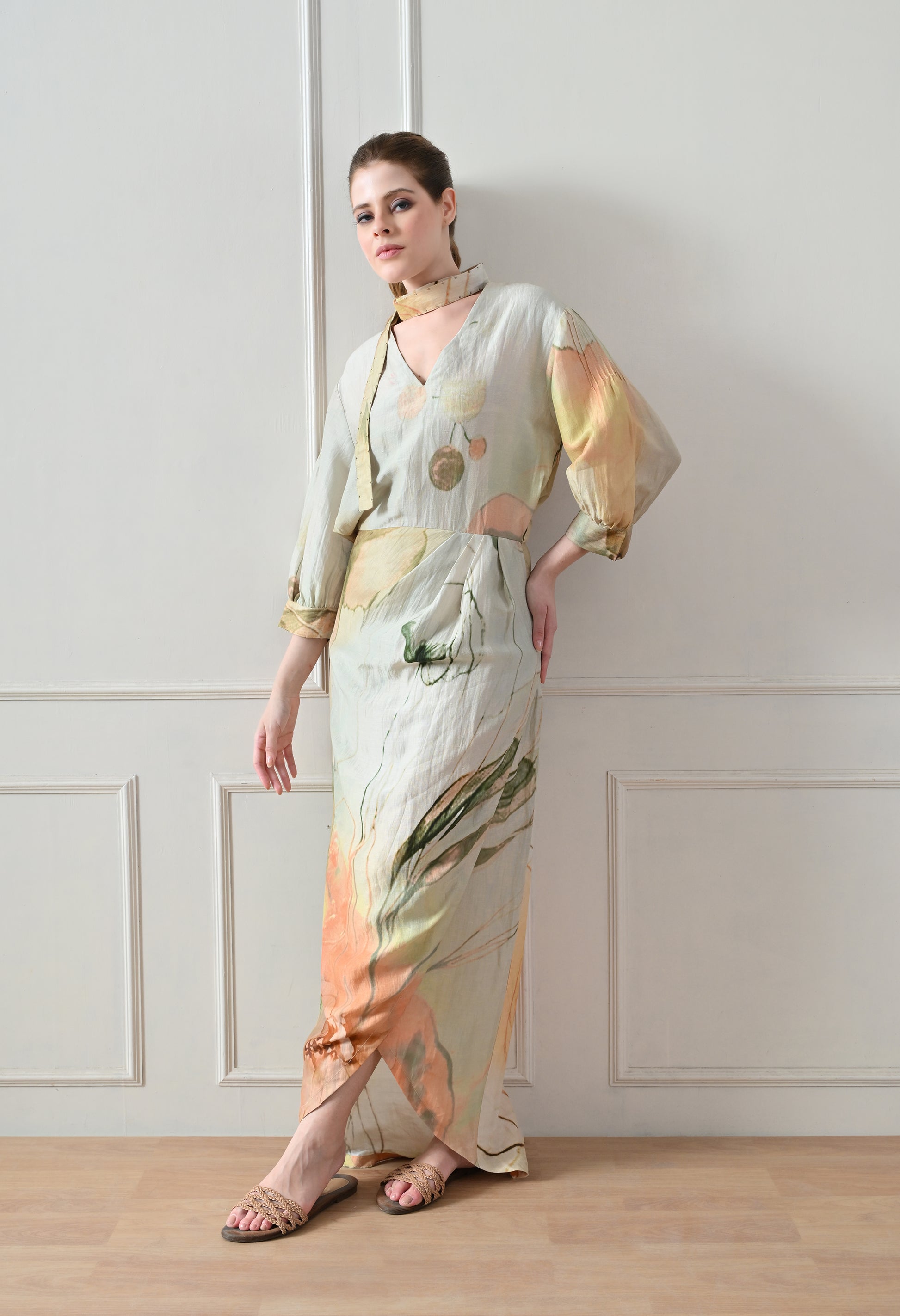 Beige Floral overlay long Dress - samant chauhan design 
