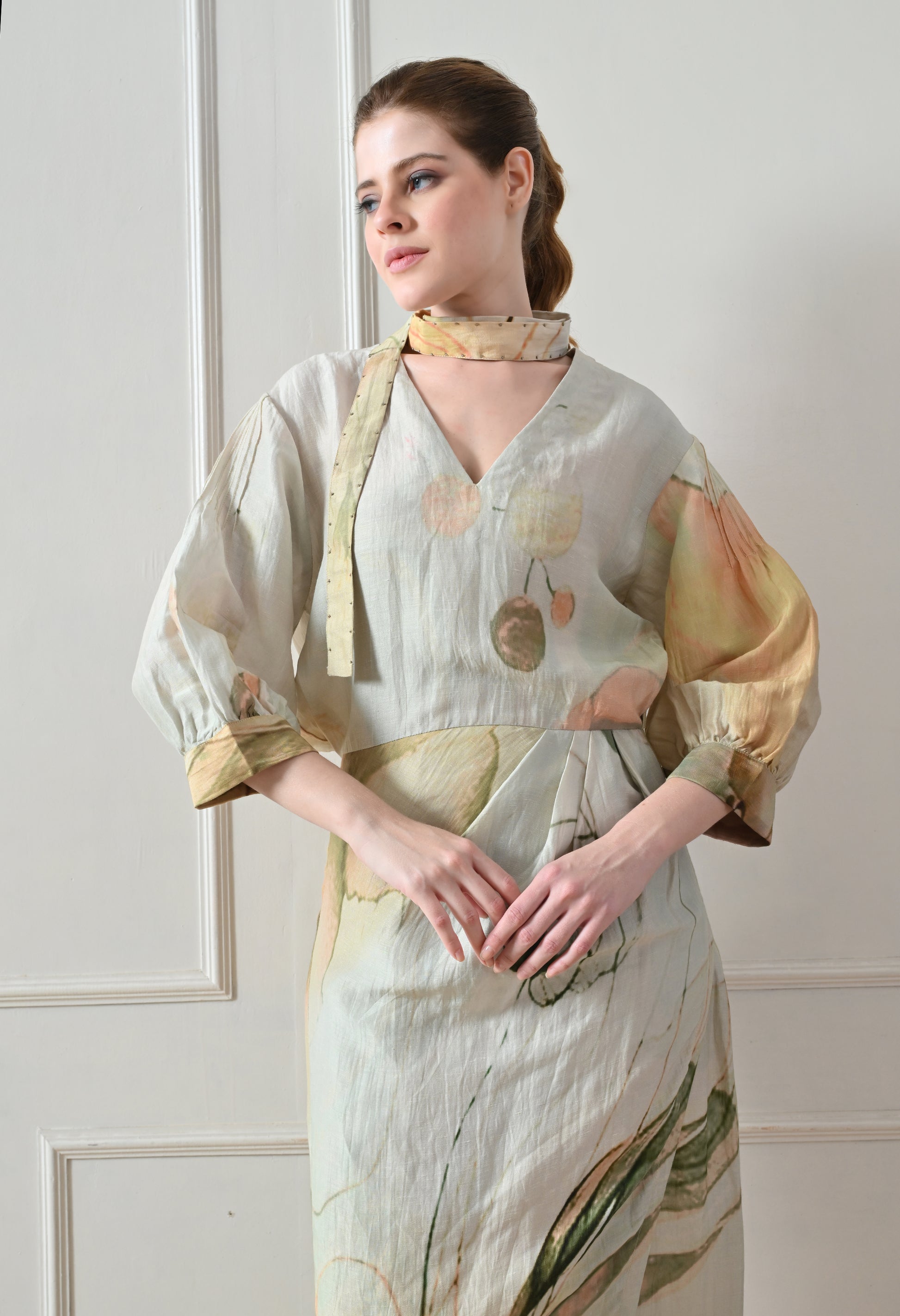 Beige Floral overlay long Dress - samant chauhan design 