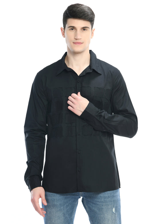 A black cotton shirt showcasing tone on tone pintuck work in form of small square cut design.