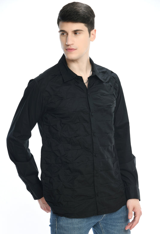 A black cotton shirt showcasing smocking technique