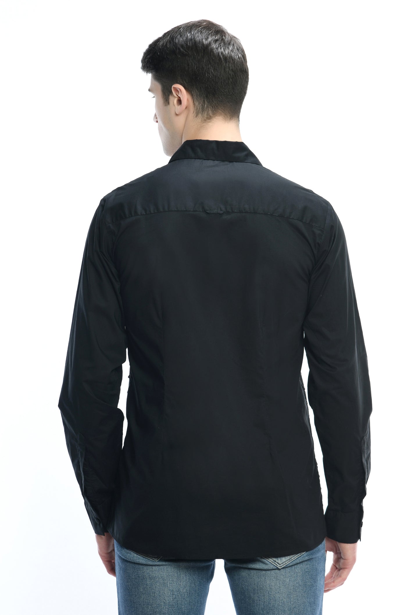 A black cotton shirt showcasing pintex lines creating a tone on tone pattern.