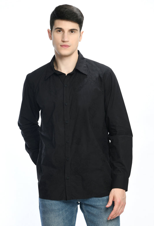 A black cotton shirt showcasing tone on tone abstract thread embroidery