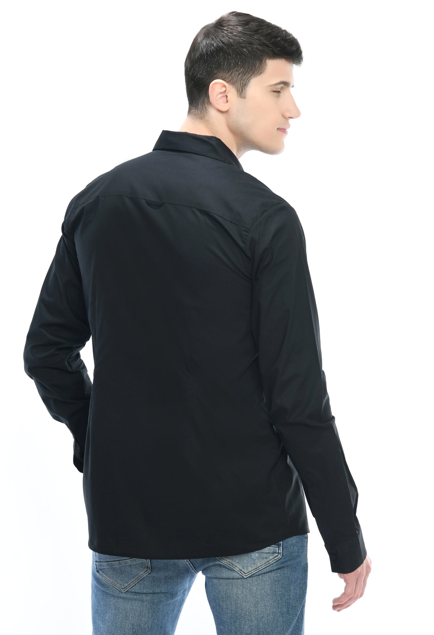 A black cotton shirt showcasing pintex around the neck.