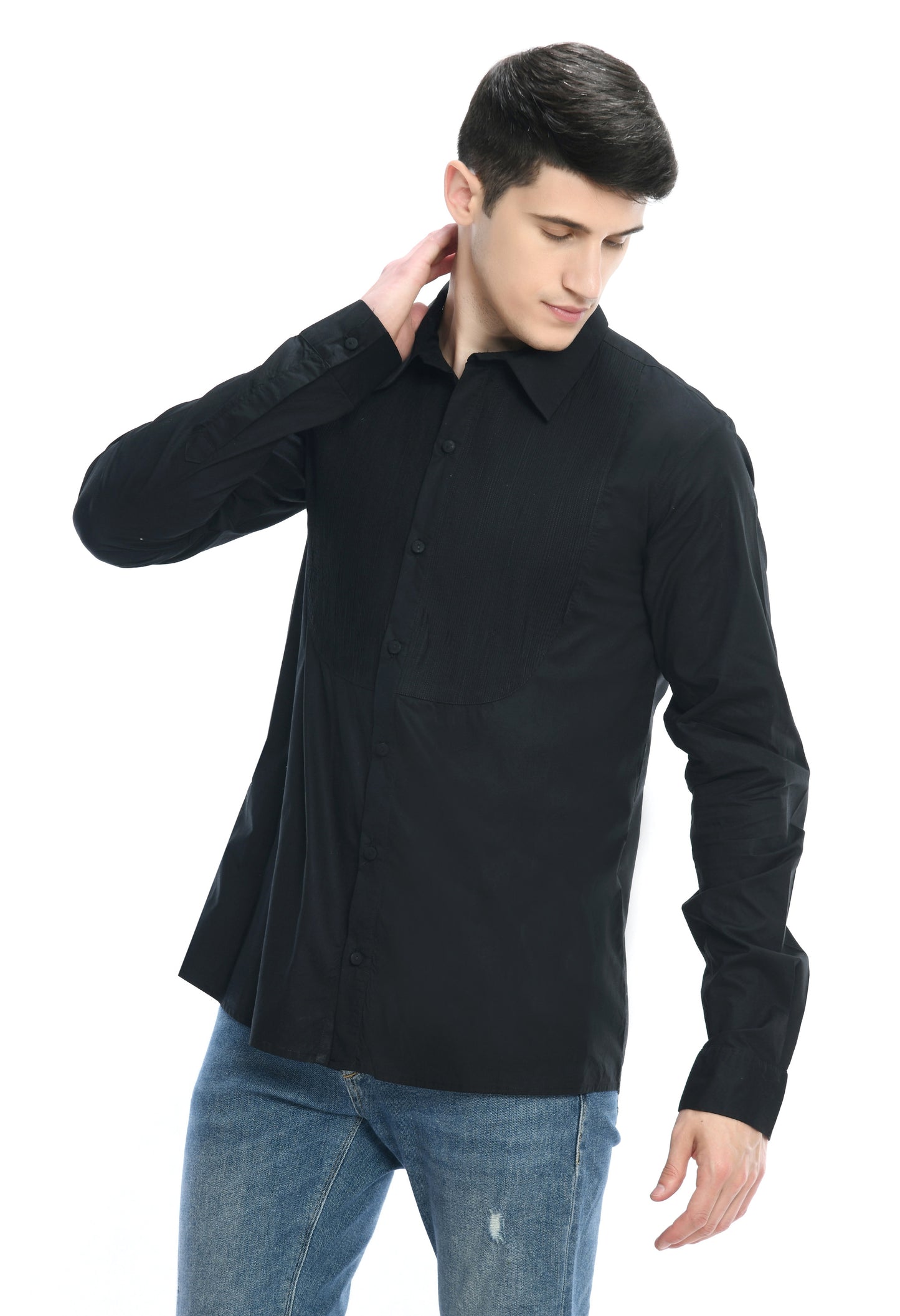 A black cotton shirt showcasing pintex around the neck.