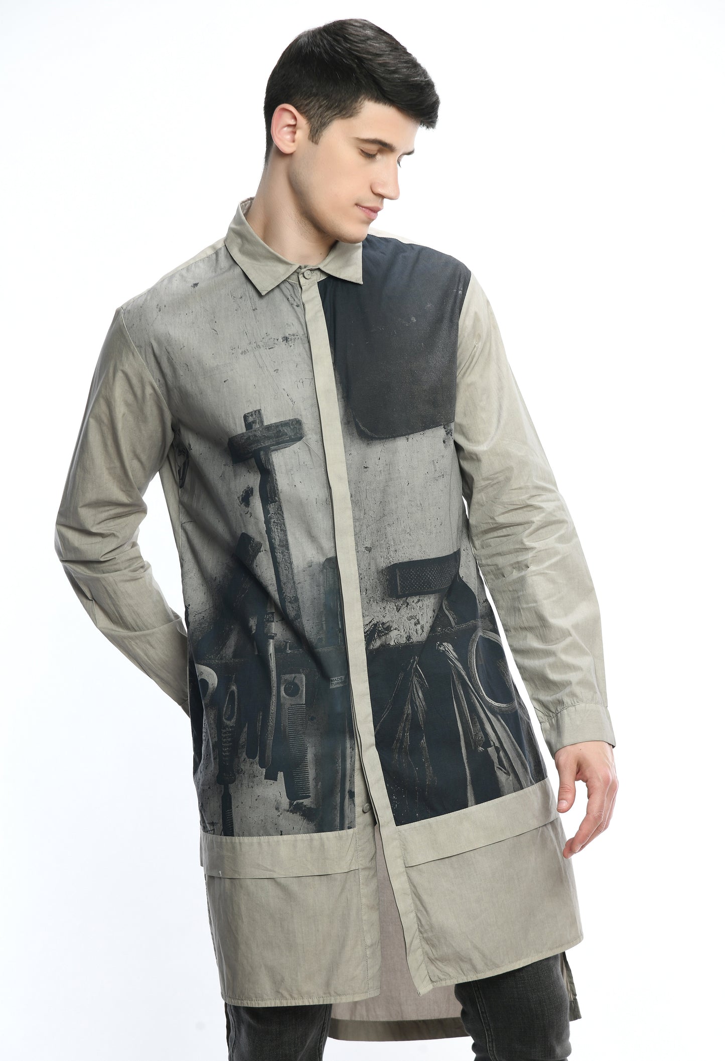 Space Grey high low, stylish cotton shirt with digital print on it