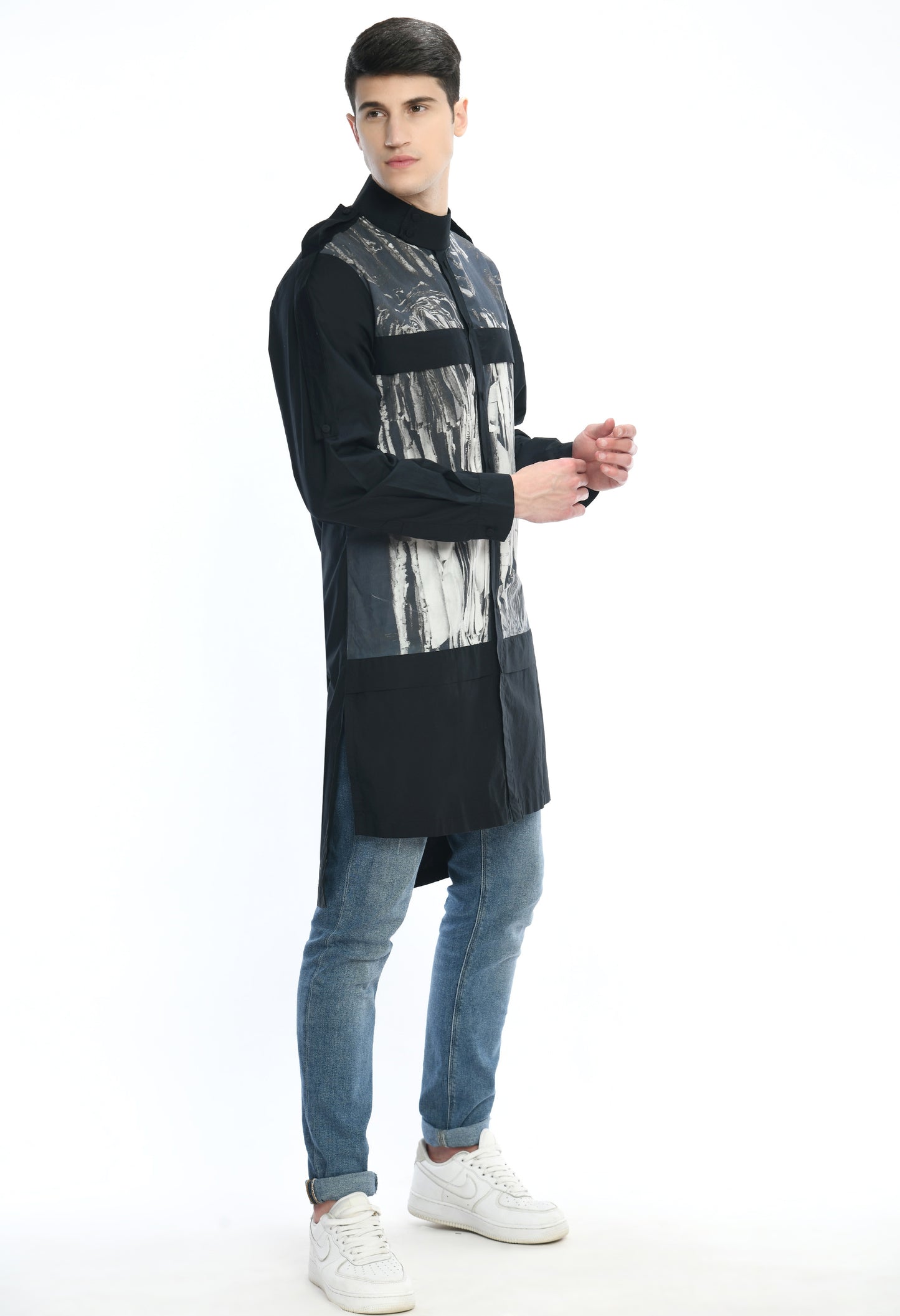 Black high low, stylish cotton shirt with digital print on it