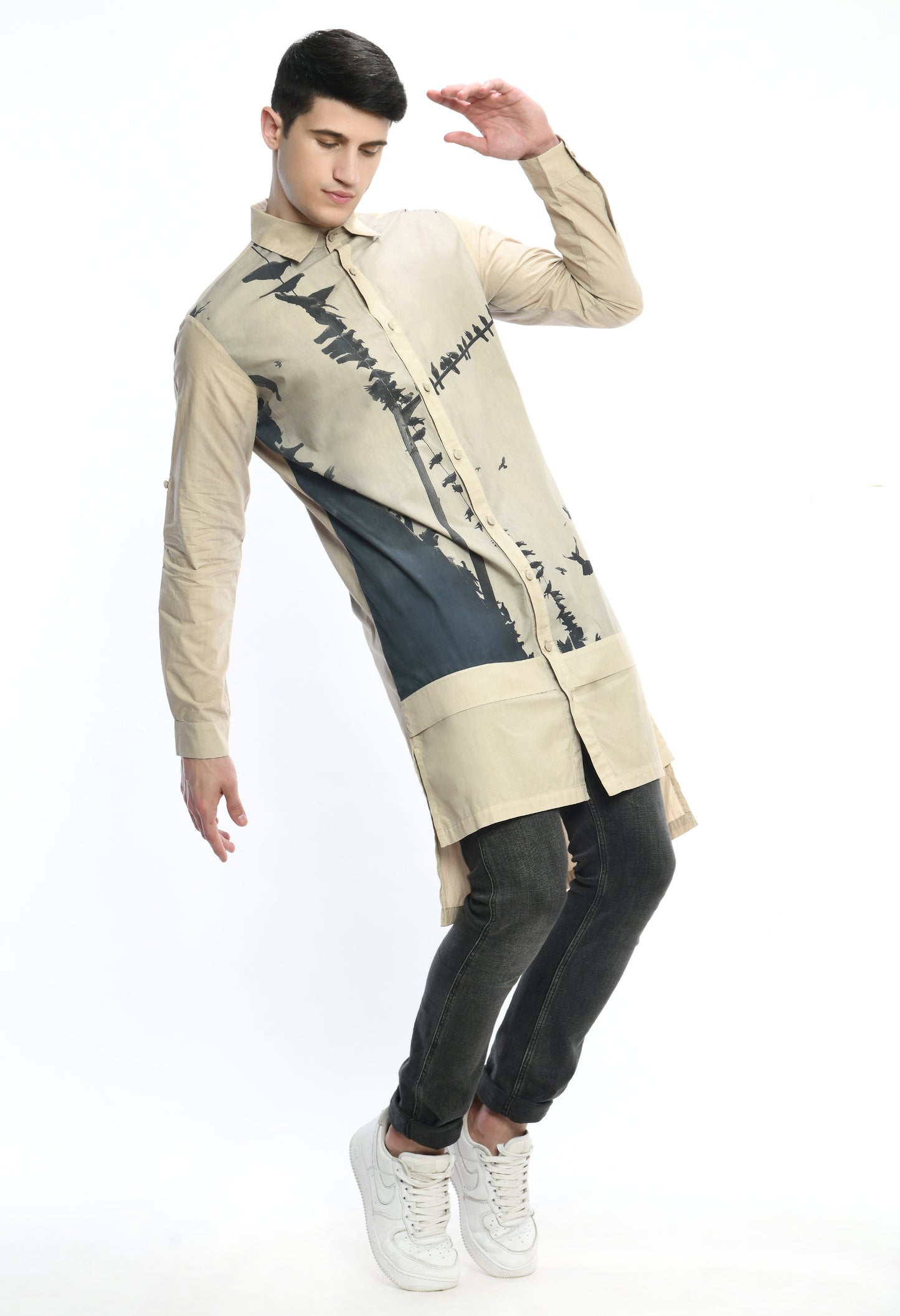 Beige high low, stylish cotton shirt with digital print on it