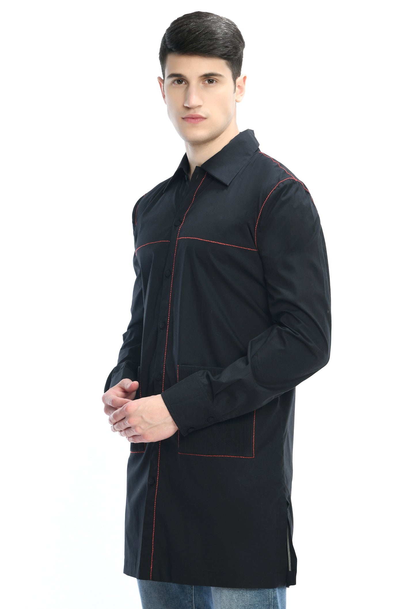 A black cotton shirt with Kantha thread work & pintex pockets