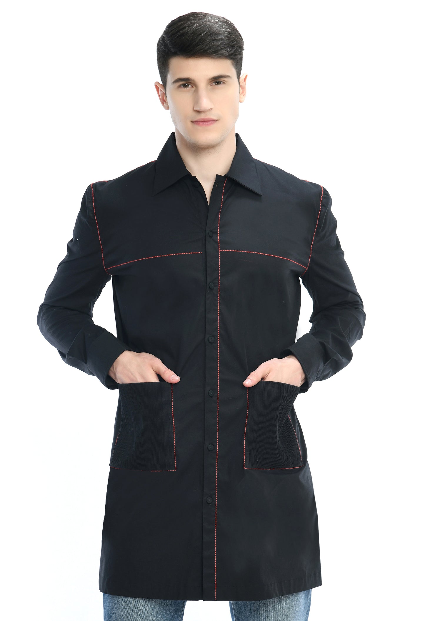 A black cotton shirt with Kantha thread work & pintex pockets