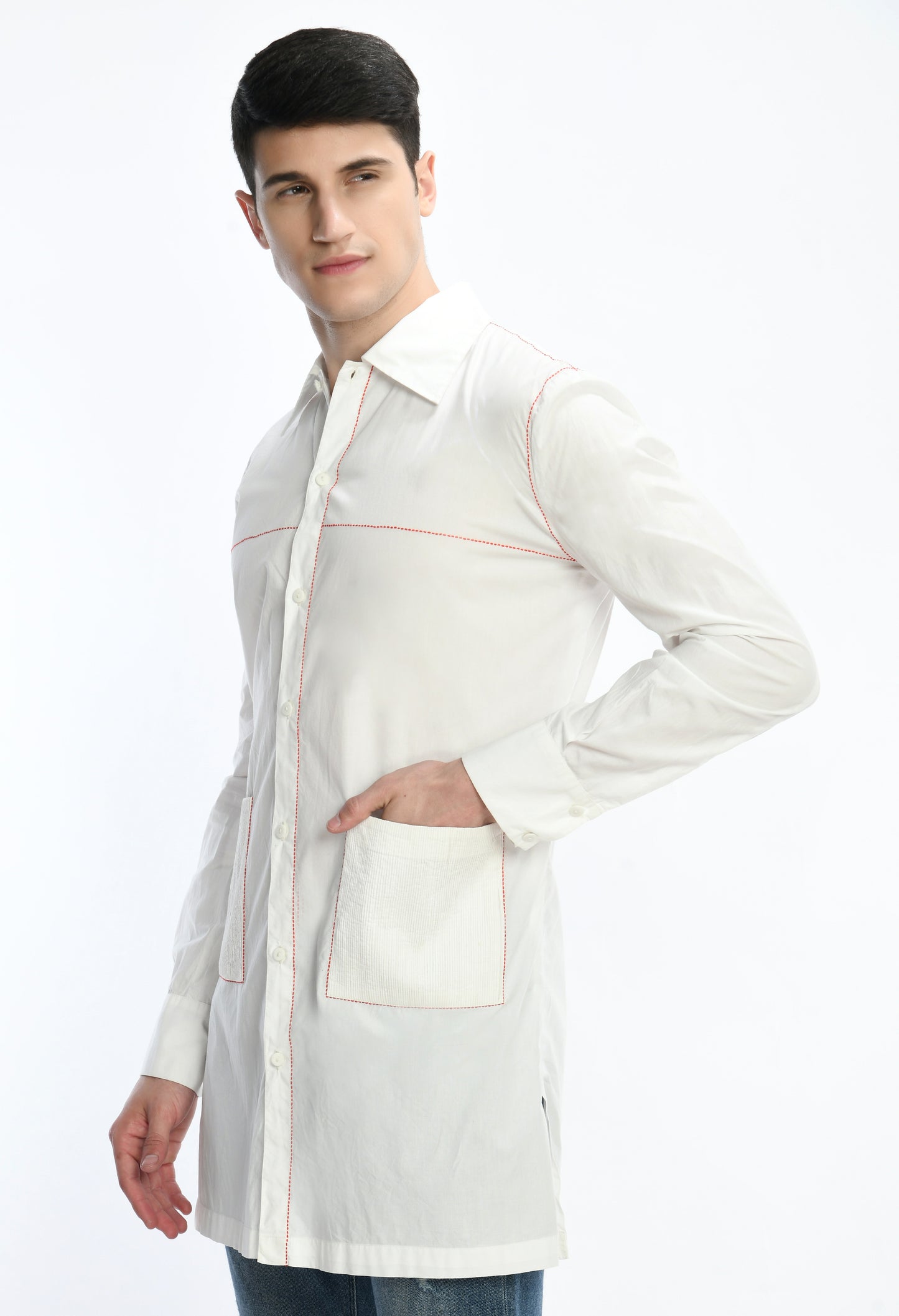 A white cotton shirt with Kantha thread work & pintex pockets