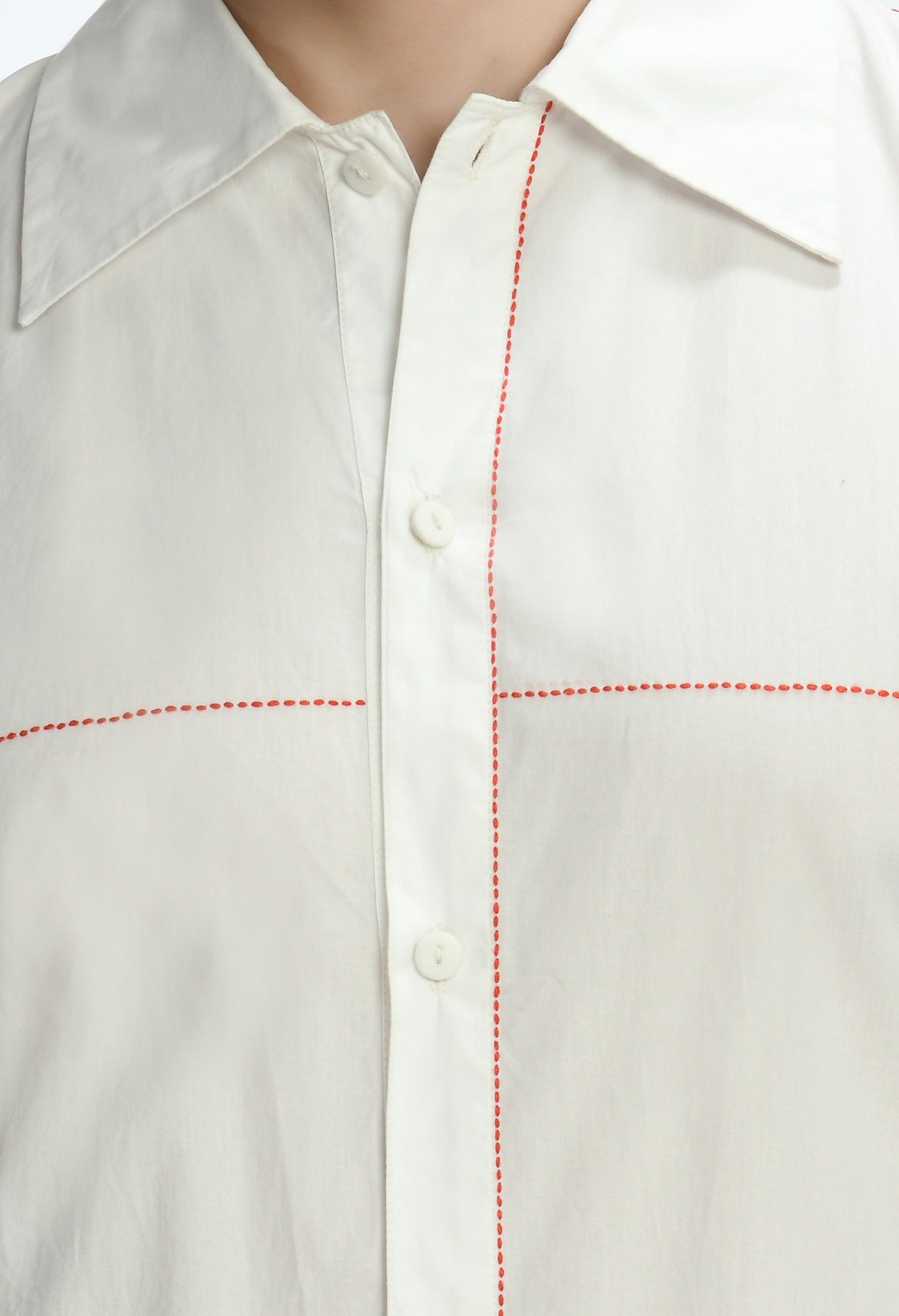 A white cotton shirt with Kantha thread work & pintex pockets