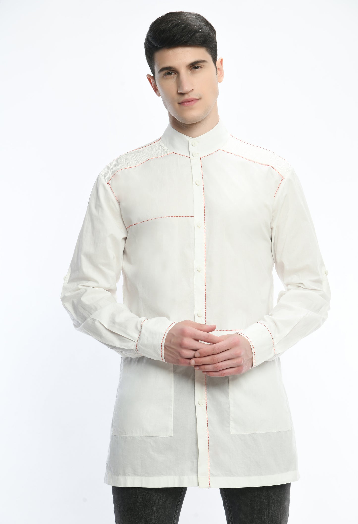 A white cotton shirt with Kantha thread work