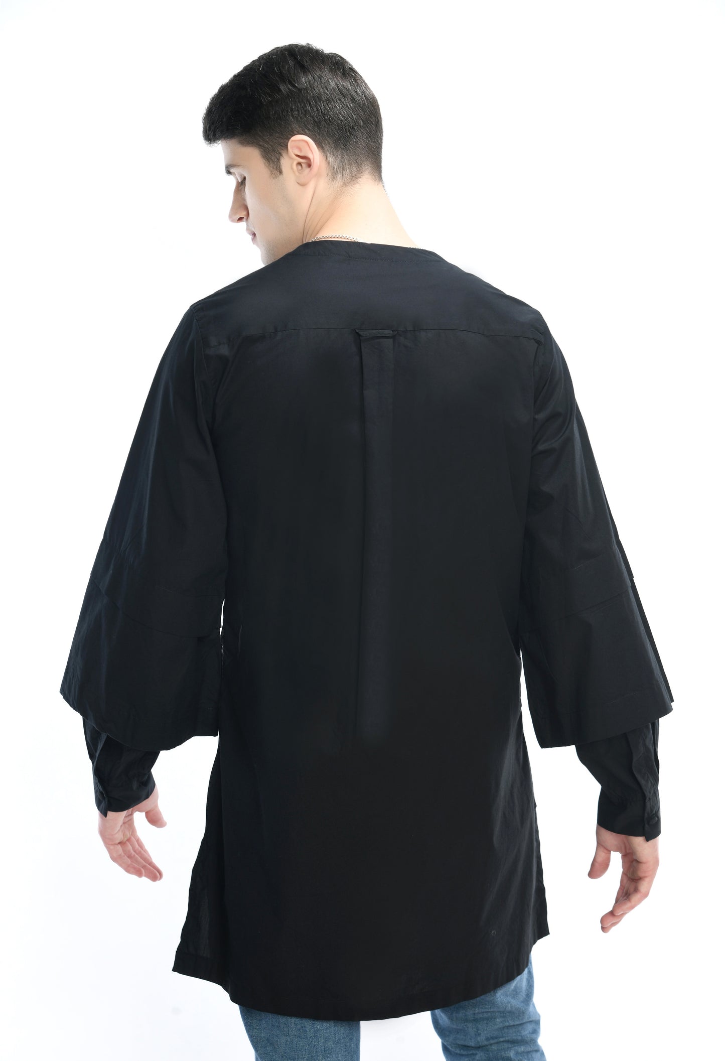 Black, stylish, lose-fit cotton shirt with digital print on it