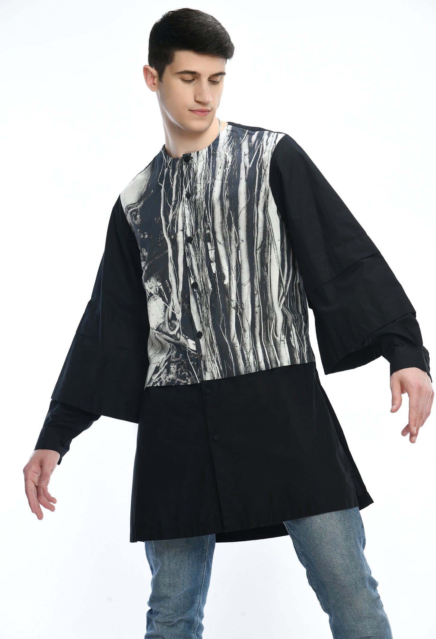 Black, stylish, lose-fit cotton shirt with digital print on it