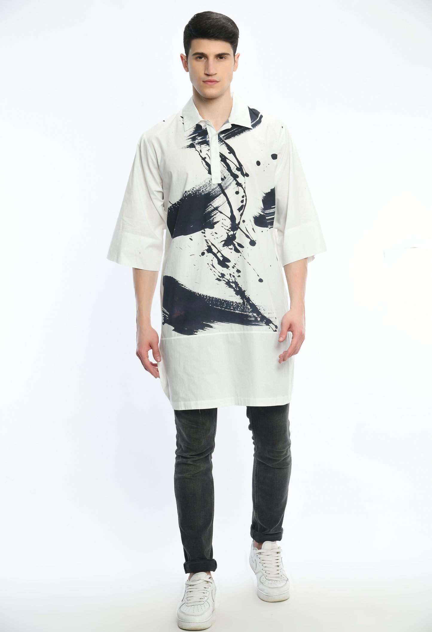 White, stylish,lose-fit, long cotton shirt with digital print on it