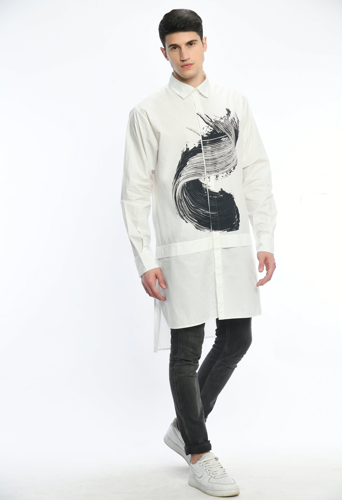 White high low, stylish cotton shirt with digital print on it.