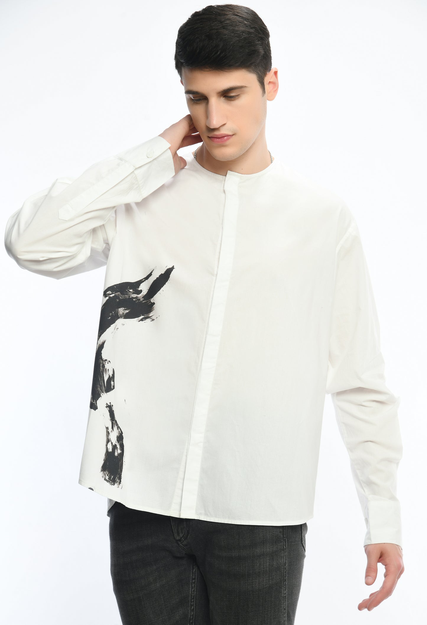 White, stylish,lose-fit, cotton shirt with digital print on it