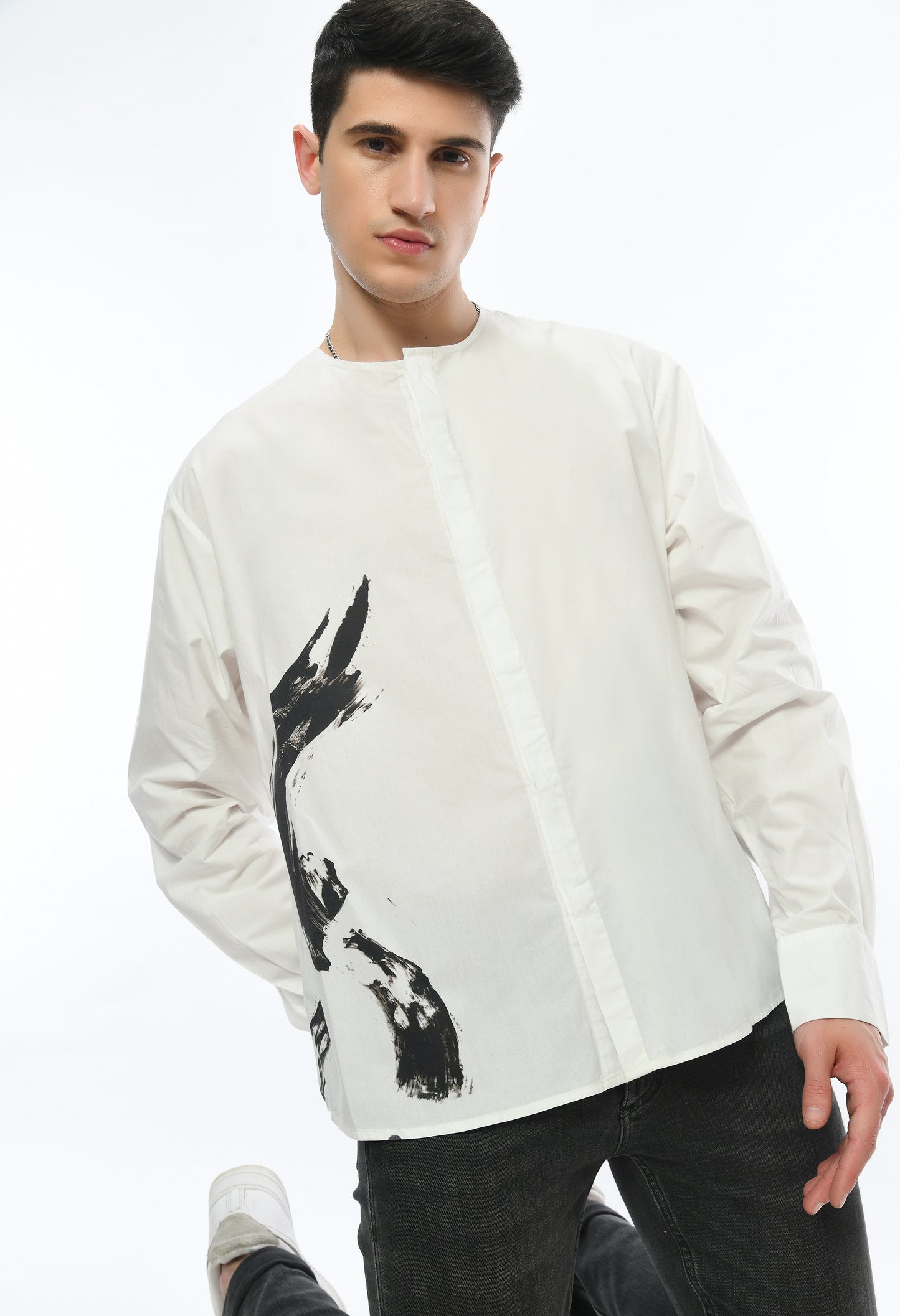 White, stylish,lose-fit, cotton shirt with digital print on it