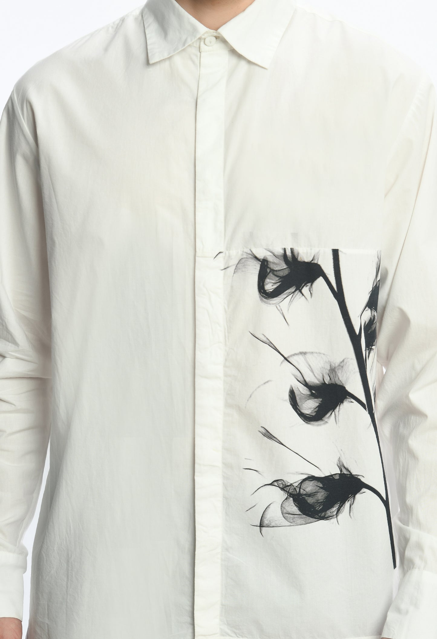 White asymmetric hem, stylish cotton shirt with digital print on it