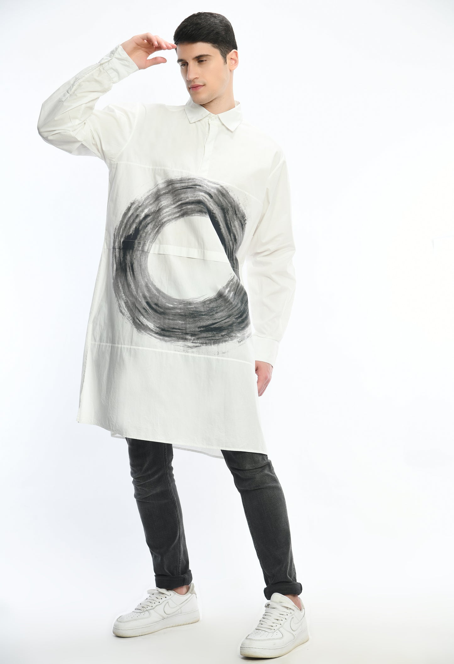 White, stylish, long,lose-fit, cotton shirt with digital print on it