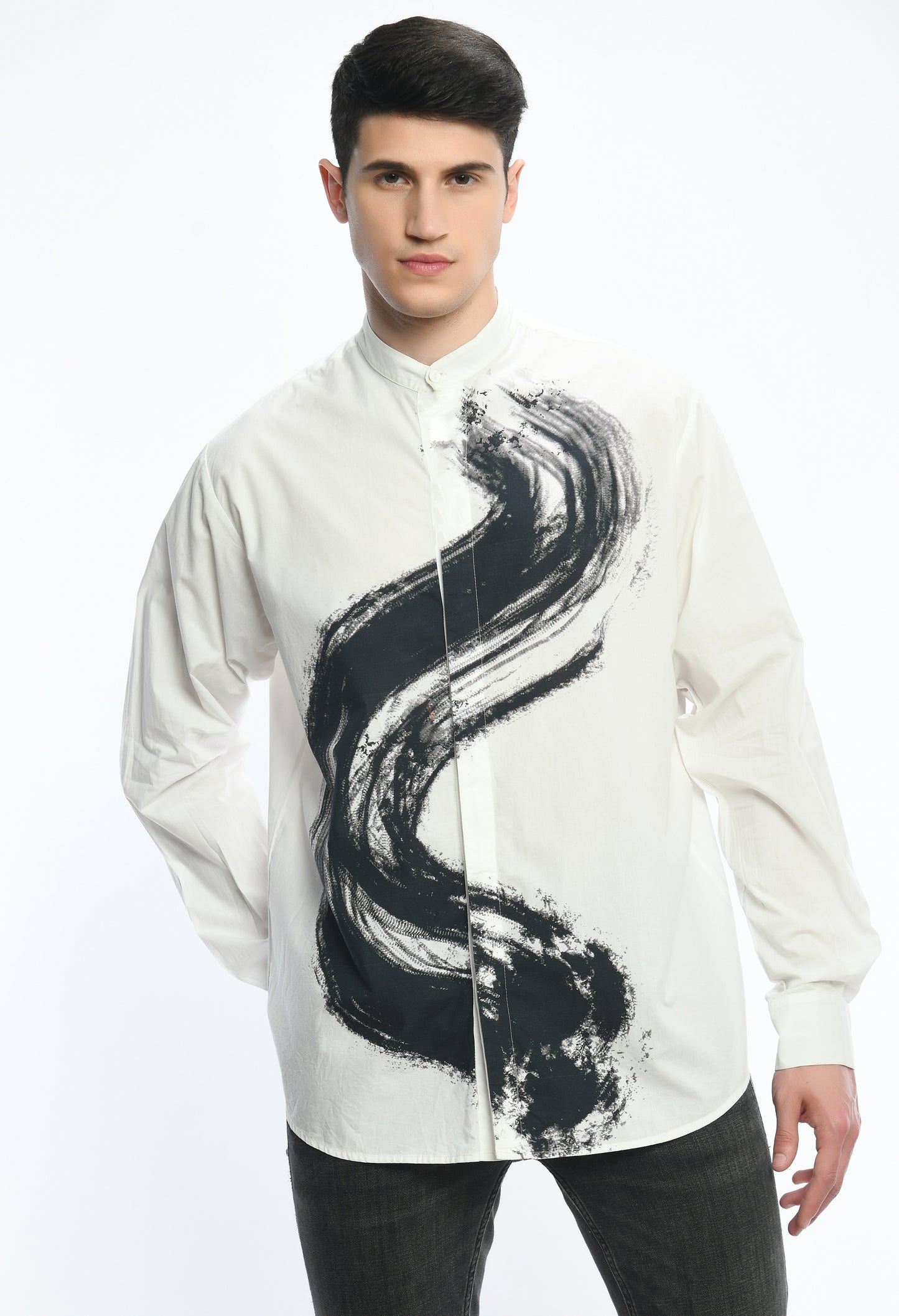 White, stylish, lose-fit, cotton shirt with digital print on it