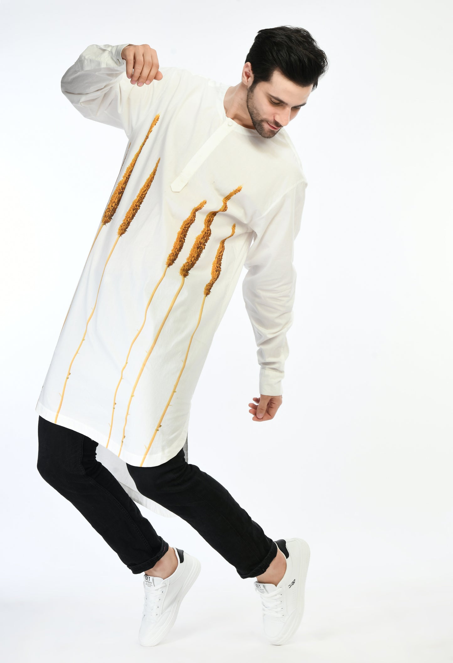 White unisex cotton kurta showcasing abstract digital print in the front.