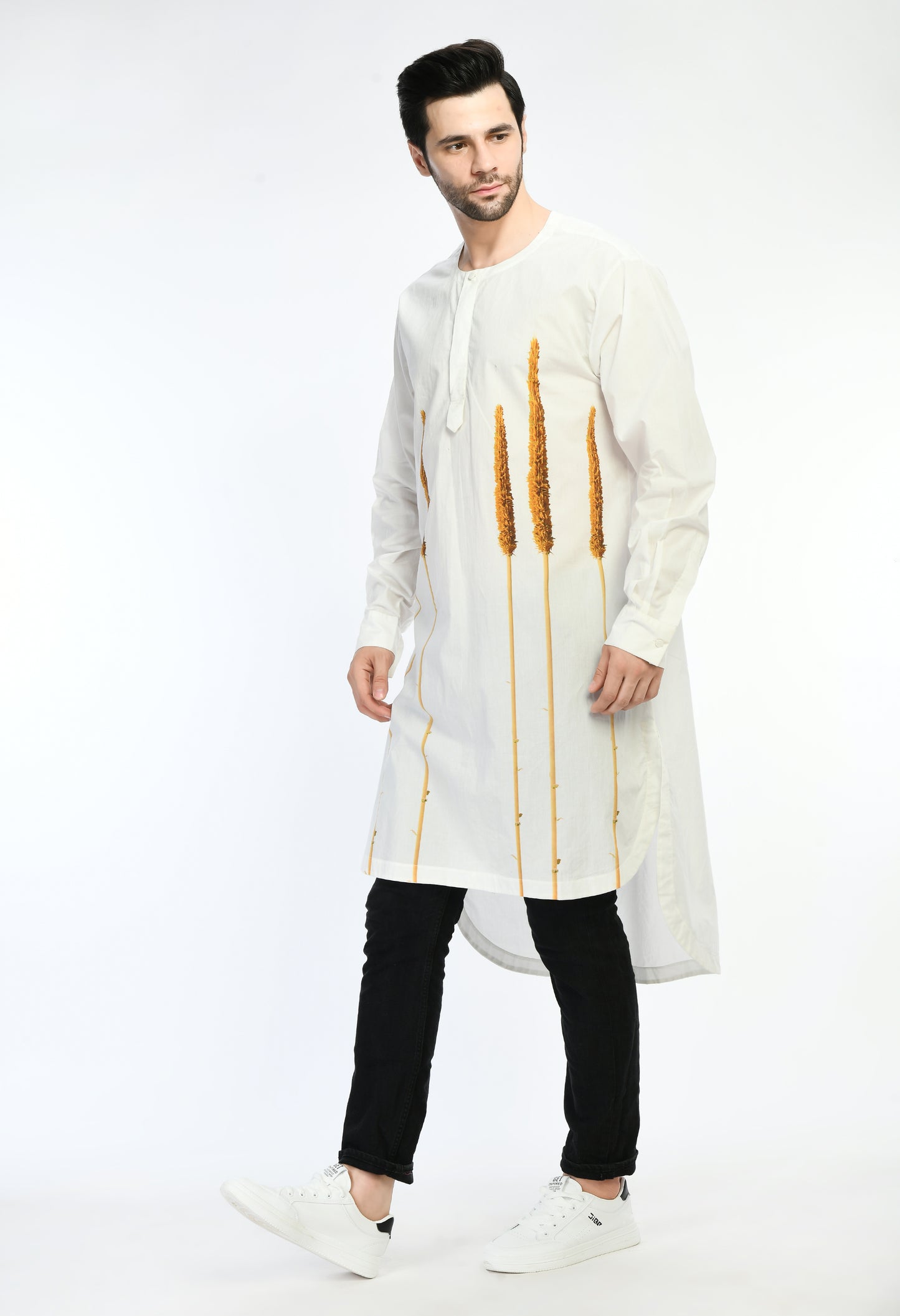 White unisex cotton kurta showcasing abstract digital print in the front.