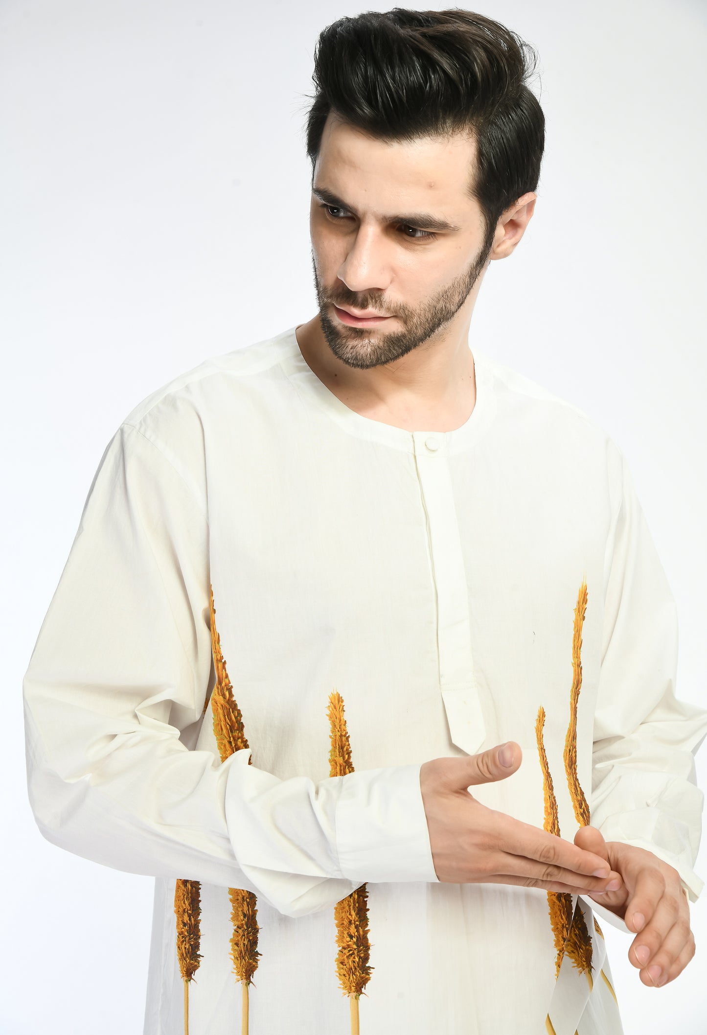 White cotton kurta showcasing abstract digital print in the front.