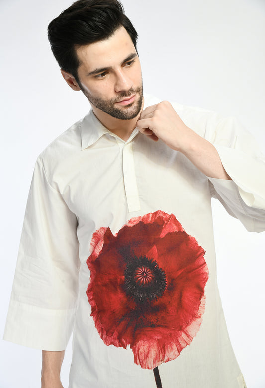 White cotton unisex kurta showcasing abstract digital print in the front.