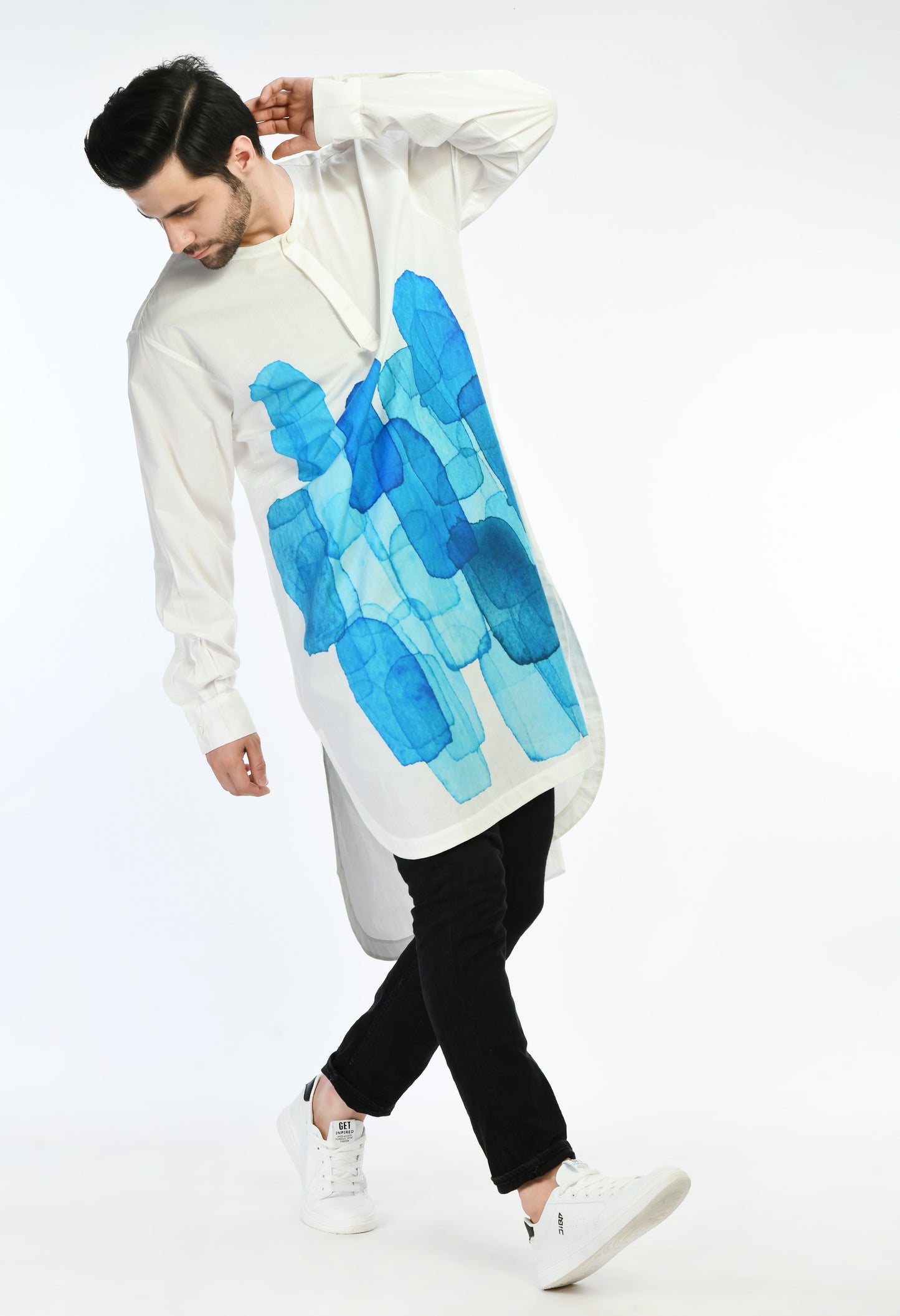 White cotton unisex kurta showcasing abstract digital print in the front.