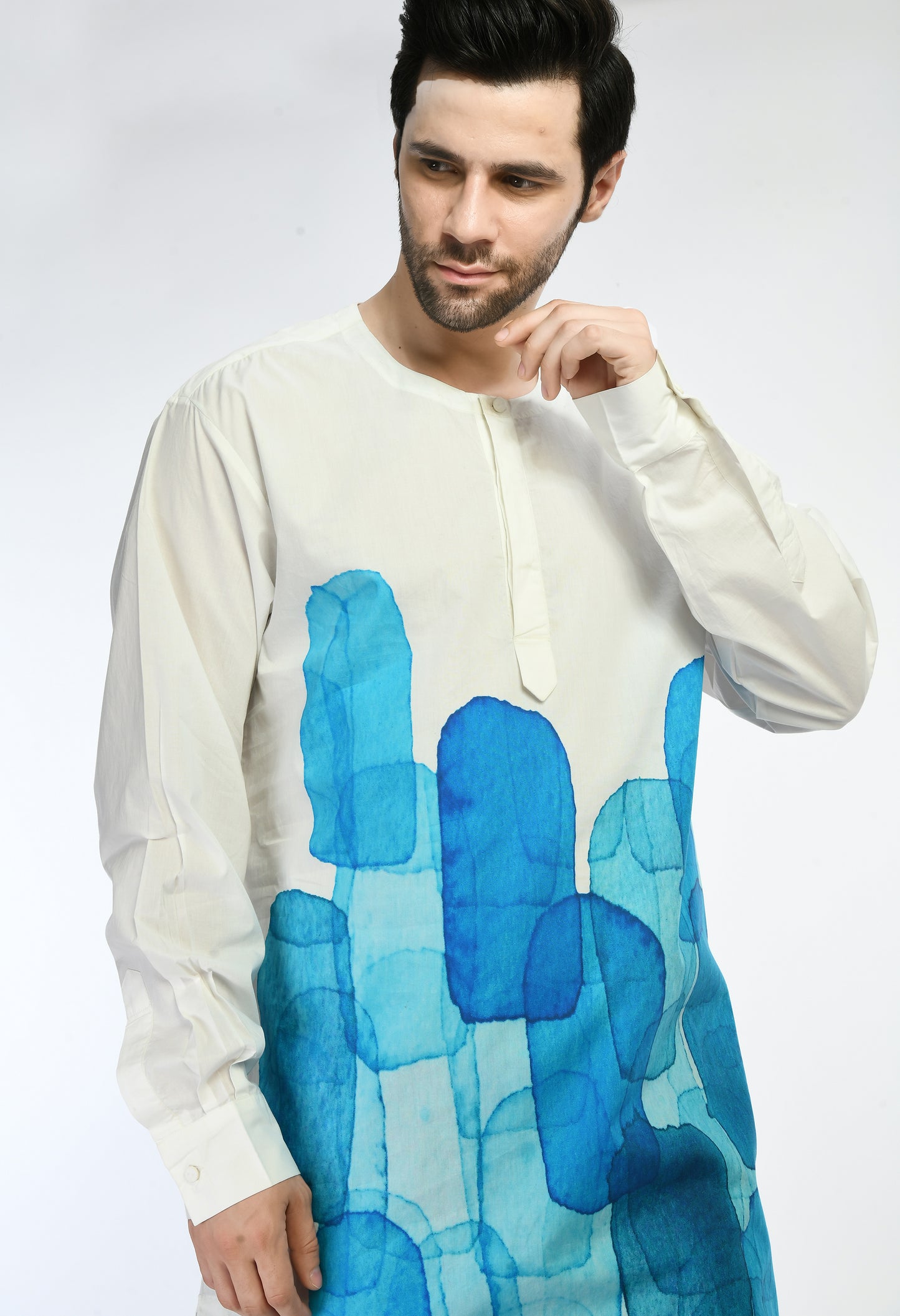 White cotton unisex kurta showcasing abstract digital print in the front.