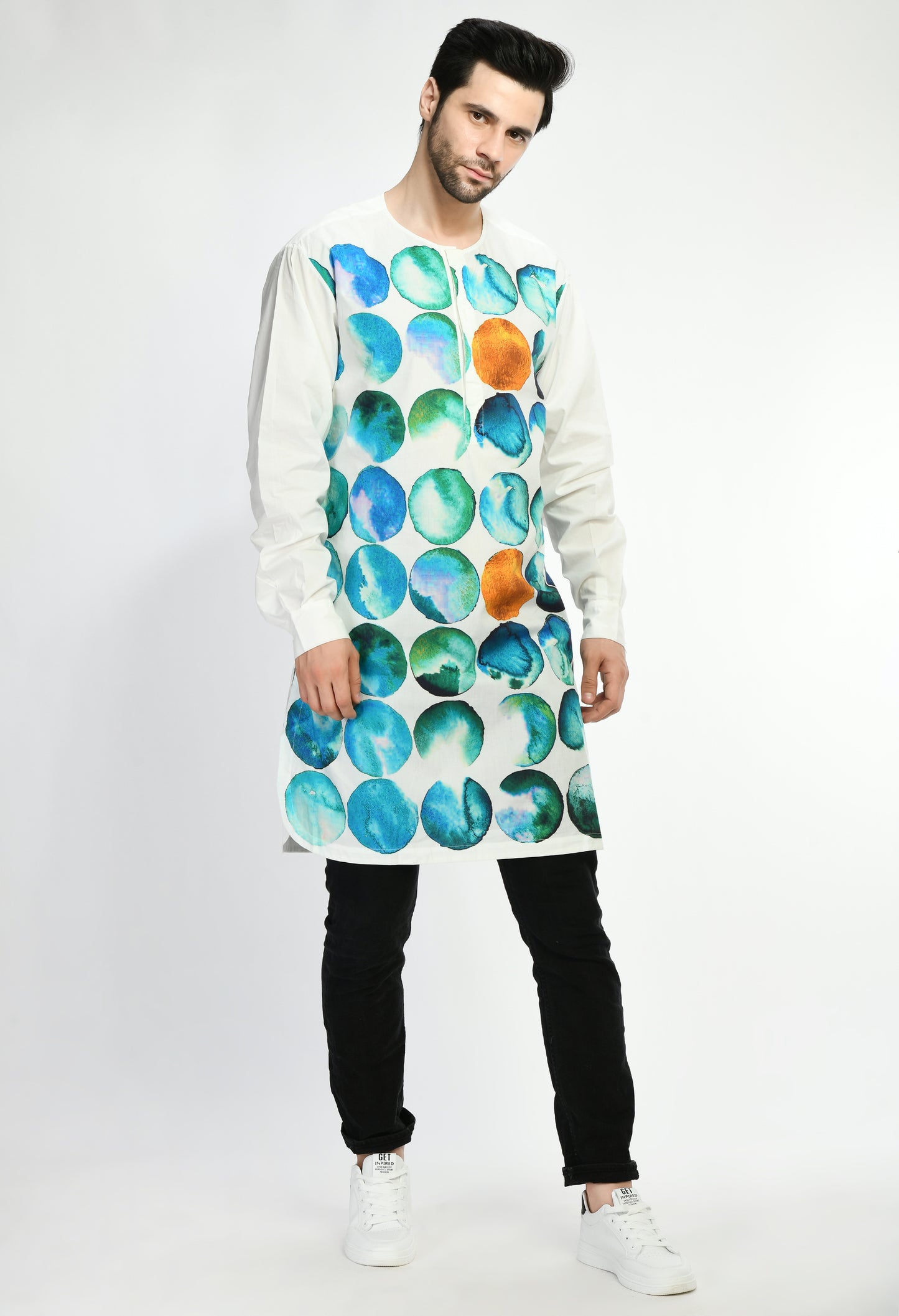 White unisex cotton kurta shirt showcasing abstract digital print in the front.