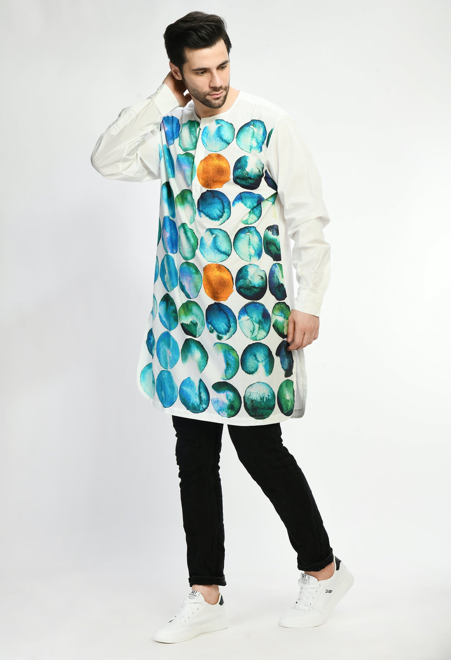 White unisex cotton kurta shirt showcasing abstract digital print in the front.