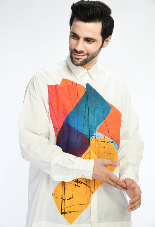 White cotton long unisex shirt showcasing abstract digital print in the front.