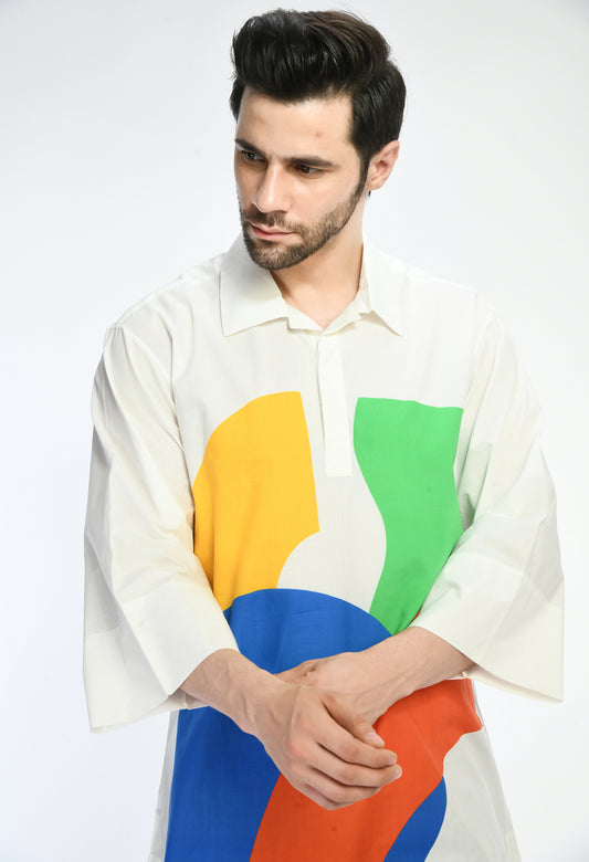 White unisex cotton long shirt showcasing abstract digital print in the front.