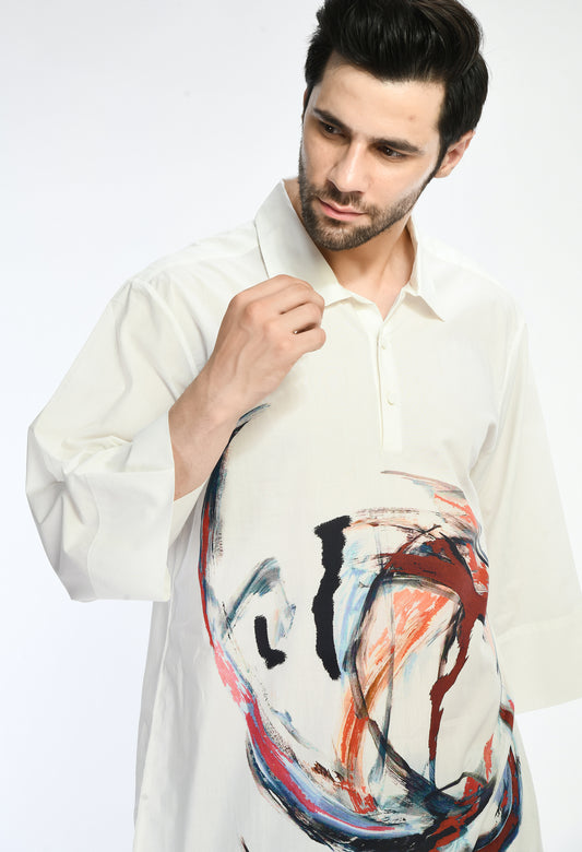 White unisex cotton long shirt showcasing abstract digital print in the front.