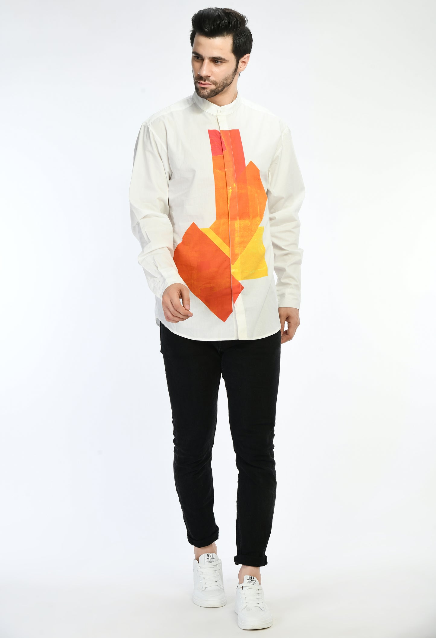 White cotton shirt showcasing abstract digital print in the front.