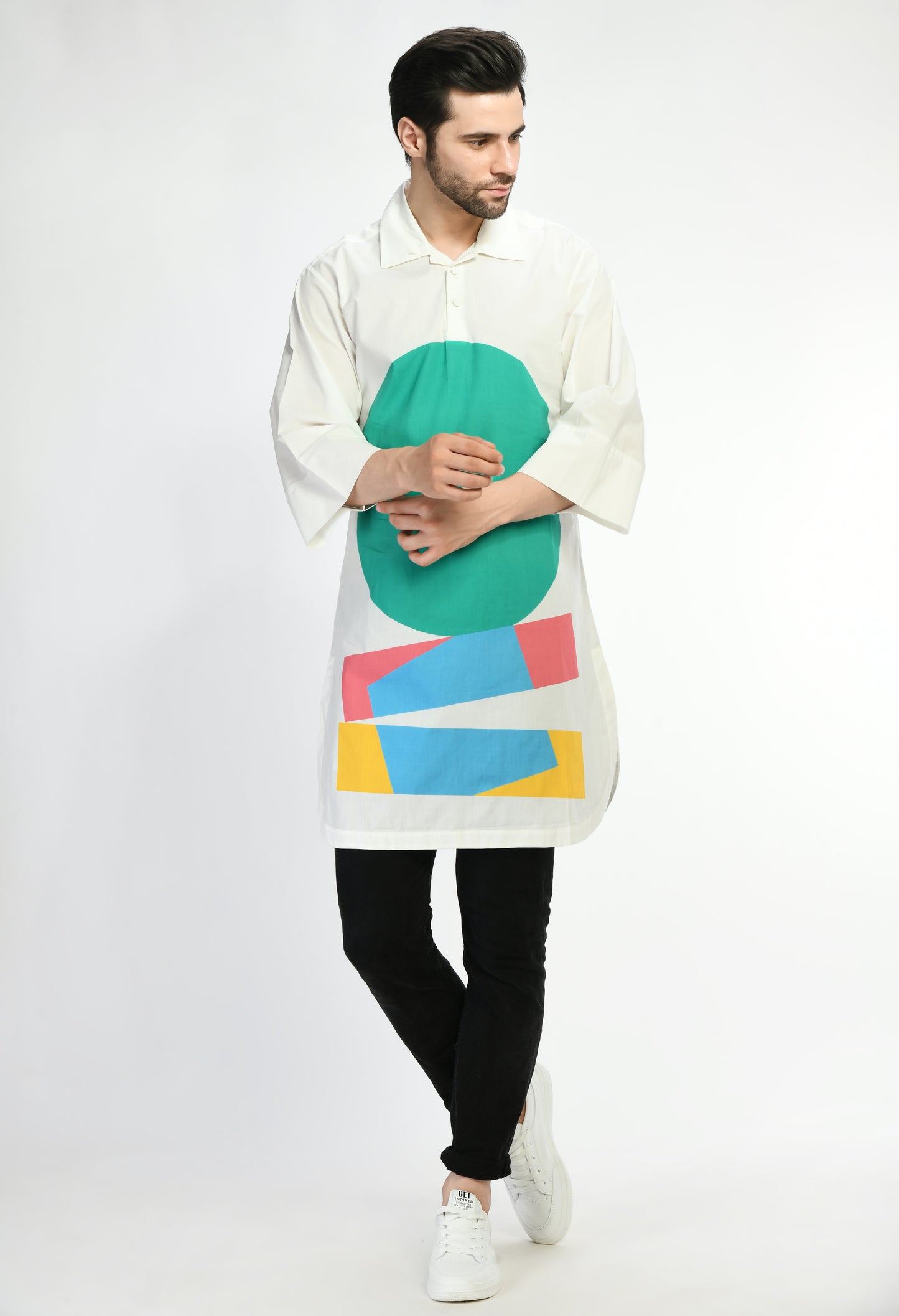 White cotton unisex long shirt.