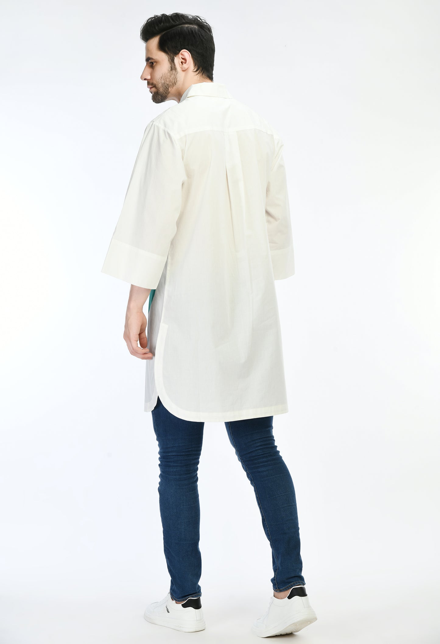 Vibrant elegance with white unisex cotton long shirt.