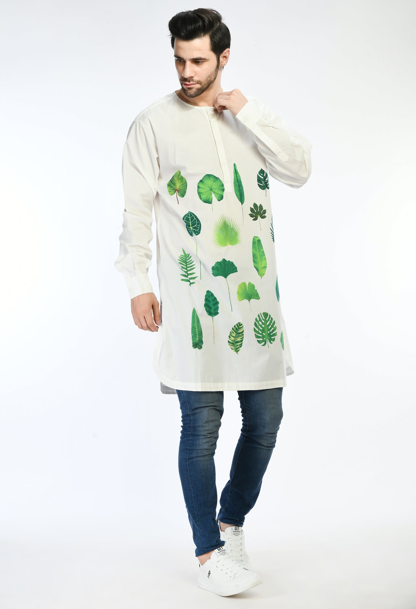 White cotton kurta showcasing abstract digital print in the front